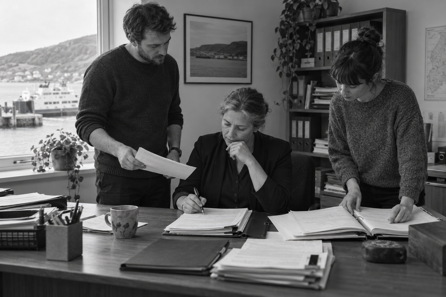 Three officials review paper records in a government workroom.